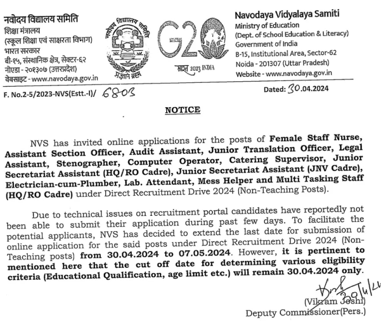 NVS Recruitment 2024 Notification For NonTeaching Jobs; Direct
